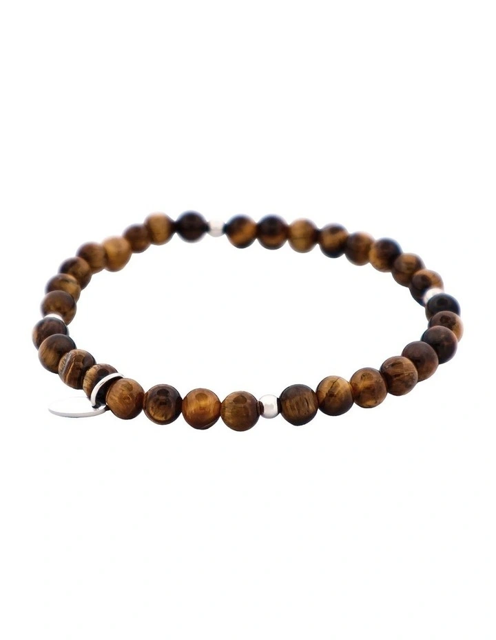 Tiger Eye Beaded & Stainless Steel Ball Bracelet in Brown image 3