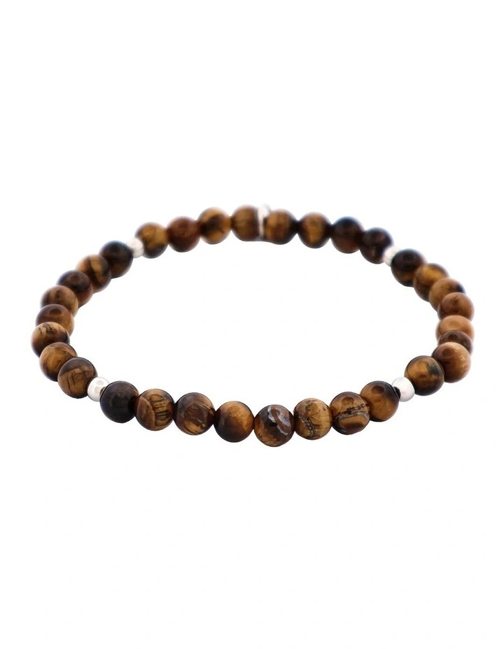 Tiger Eye Beaded & Stainless Steel Ball Bracelet in Brown image 4