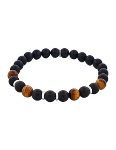 Tiger Eye & Black Agate Bead Bracelet with Stainless Steel Discs 6mm in