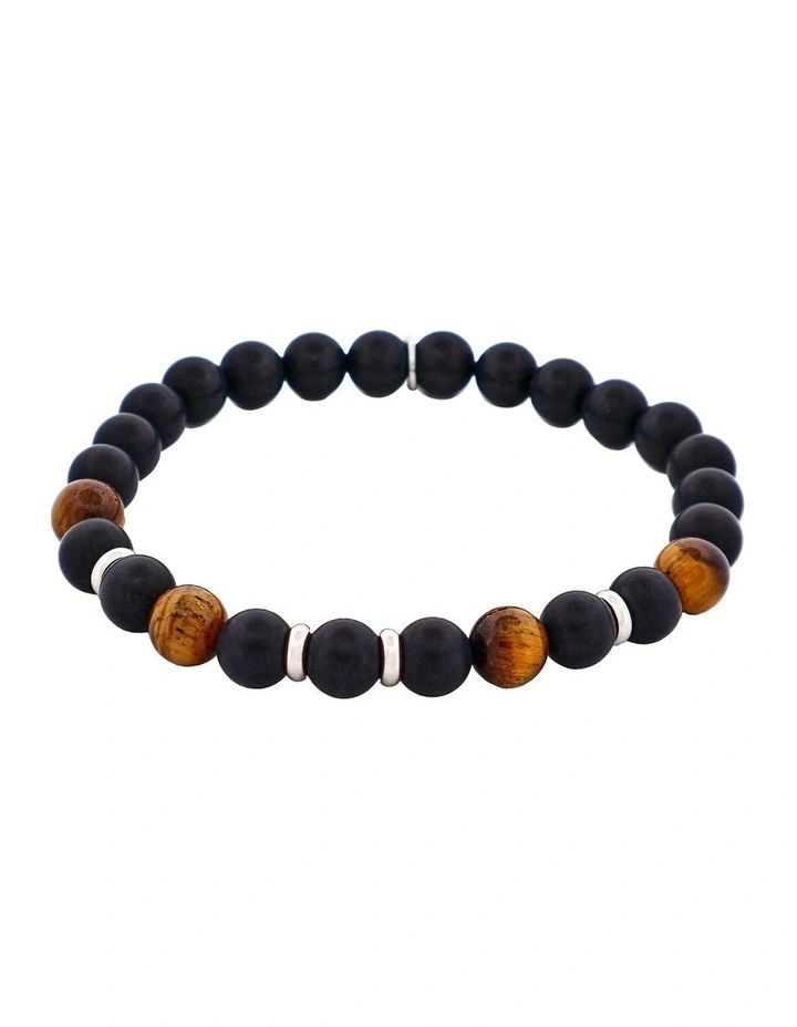 Tiger Eye & Black Agate Bead Bracelet with Stainless Steel Discs 6mm in image 1
