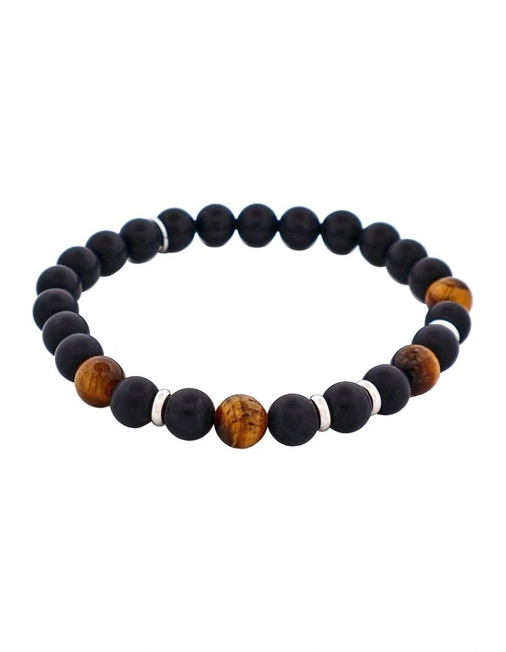 Tiger Eye & Black Agate Bead Bracelet with Stainless Steel Discs 6mm in image 2
