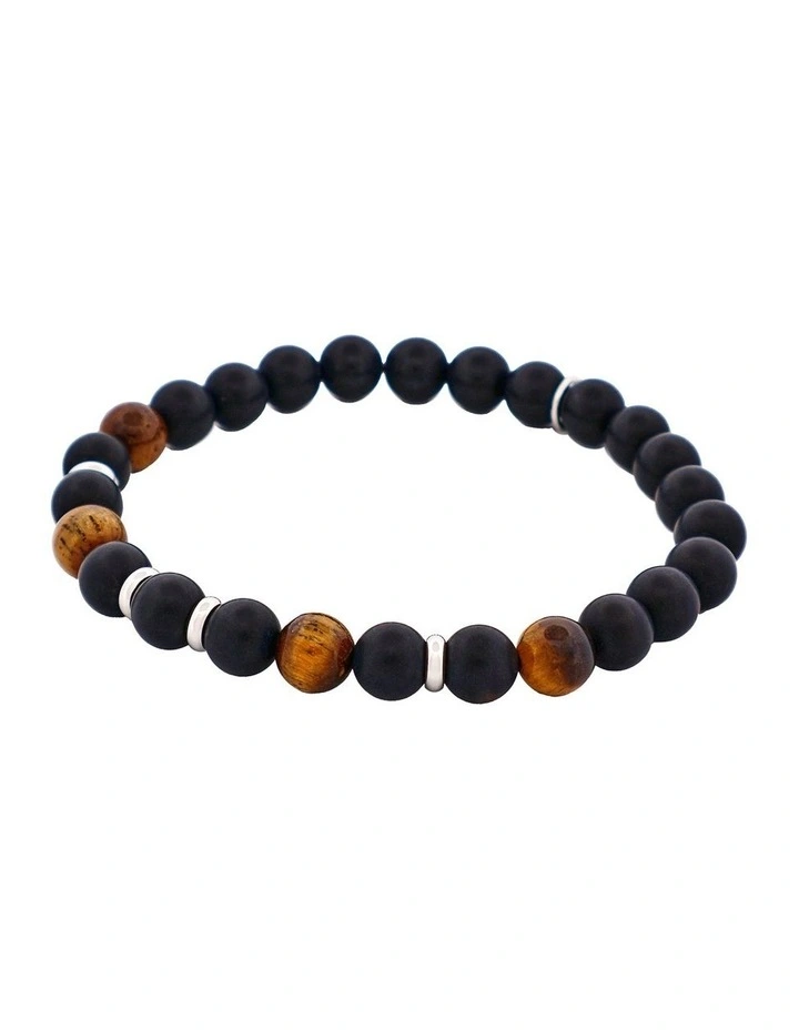 Tiger Eye & Black Agate Bead Bracelet with Stainless Steel Discs 6mm in image 3