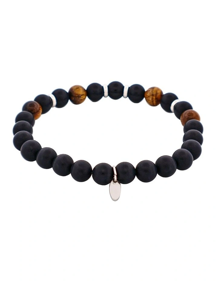 Tiger Eye & Black Agate Bead Bracelet with Stainless Steel Discs 6mm in image 4