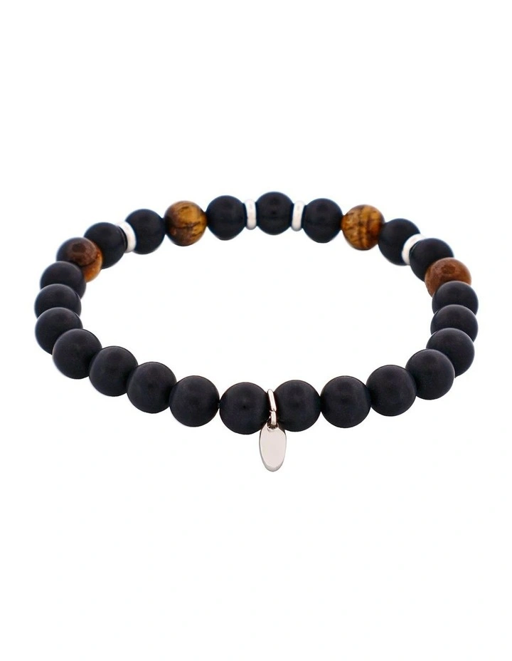 Tiger Eye & Black Agate Bead Bracelet with Stainless Steel Discs 6mm in image 4