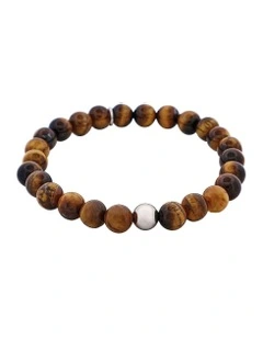 Tiger Eye Bead & Stainless Steel Ball Bracelet 8mm in Brown