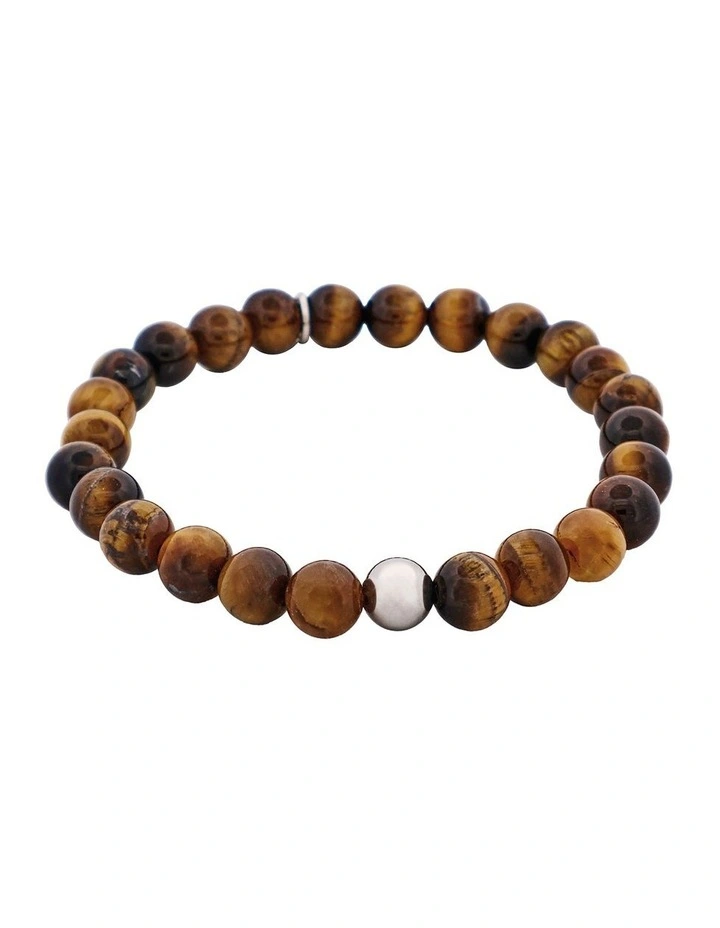 Tiger Eye Bead & Stainless Steel Ball Bracelet 8mm in Brown image 1