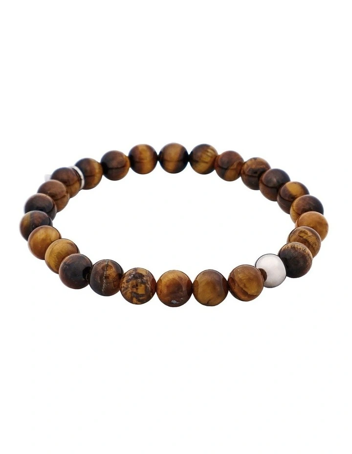 Tiger Eye Bead & Stainless Steel Ball Bracelet 8mm in Brown image 2