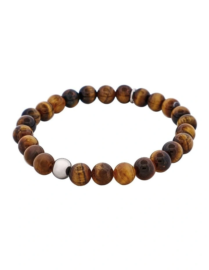 Tiger Eye Bead & Stainless Steel Ball Bracelet 8mm in Brown image 3