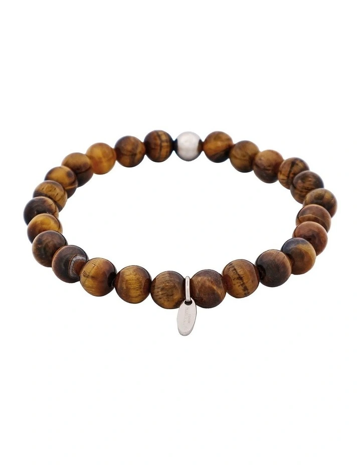 Tiger Eye Bead & Stainless Steel Ball Bracelet 8mm in Brown image 4