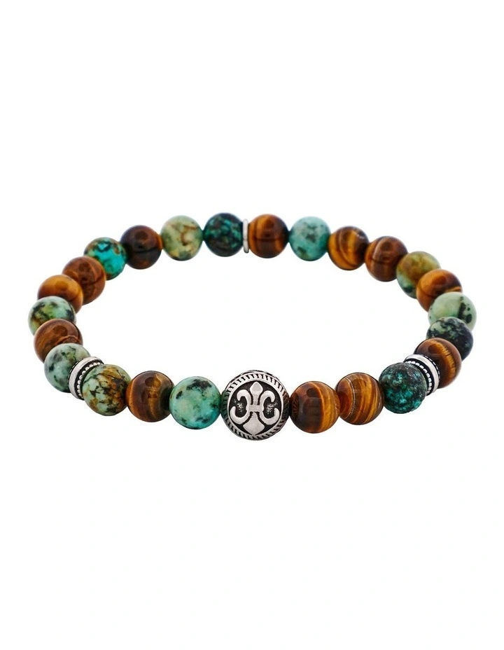 Tiger Eye & African Bead & Stainless Steel Bracelet 8mm in Turquoise image 1