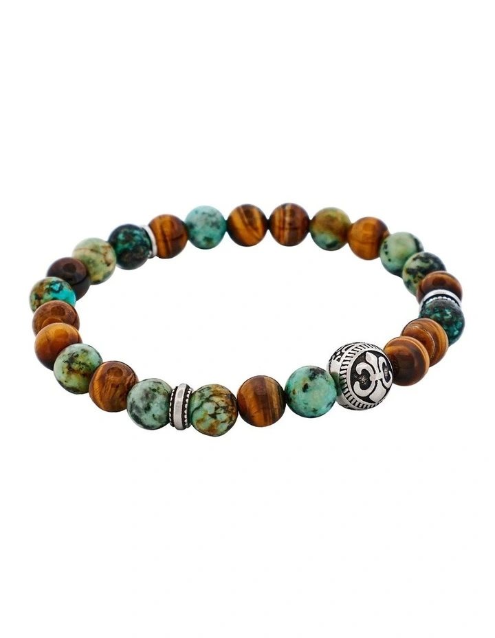 Tiger Eye & African Bead & Stainless Steel Bracelet 8mm in Turquoise image 2