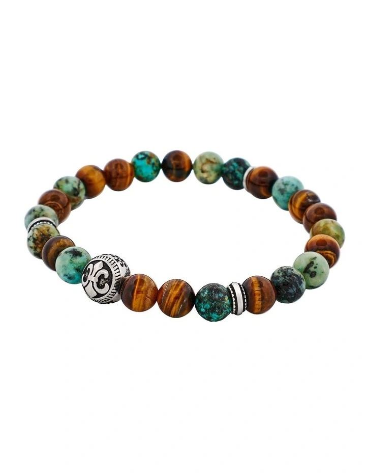 Tiger Eye & African Bead & Stainless Steel Bracelet 8mm in Turquoise image 3