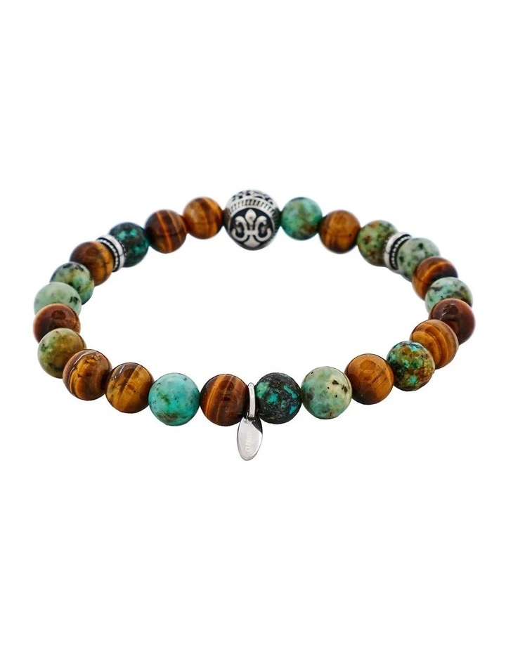 Tiger Eye & African Bead & Stainless Steel Bracelet 8mm in Turquoise image 4