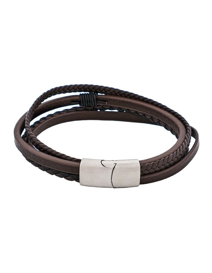 Multi Strand Leather & Stainless Steel Bracelet in Dark Brown image 1