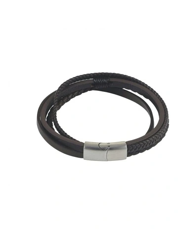 Multi Strand Leather & Stainless Steel Bracelet in Dark Brown