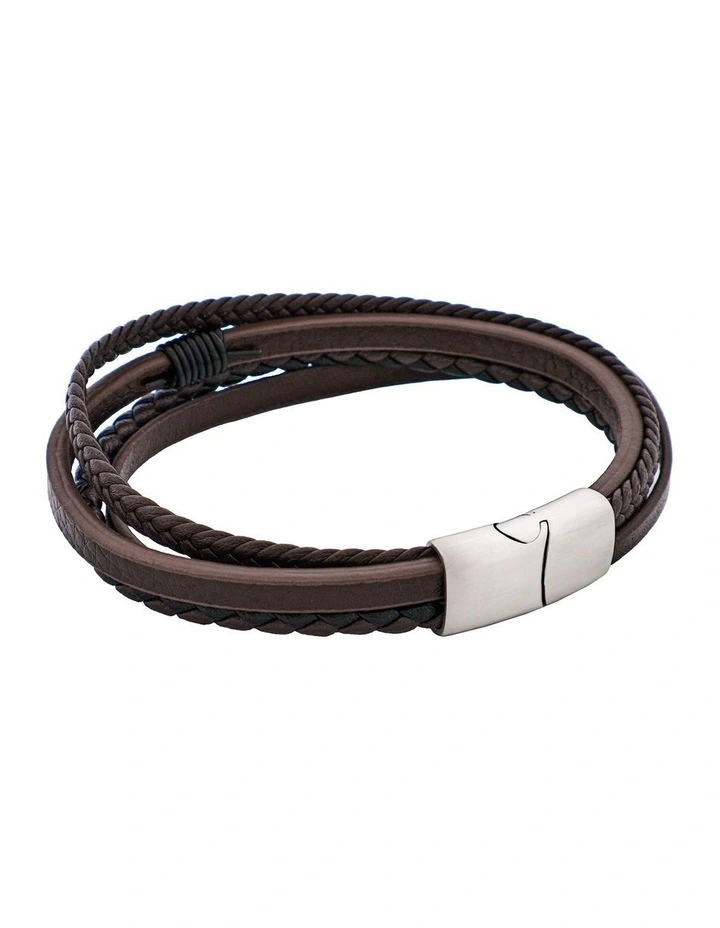 Multi Strand Leather & Stainless Steel Bracelet in Dark Brown image 2