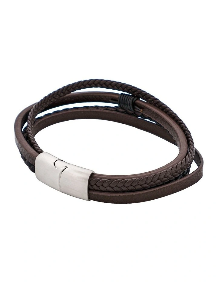 Multi Strand Leather & Stainless Steel Bracelet in Dark Brown image 3