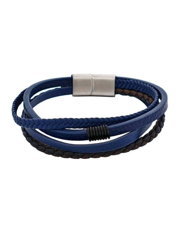 Multi Strand Leather & Stainless Steel Bracelet in Dark Brown/Blue image 1