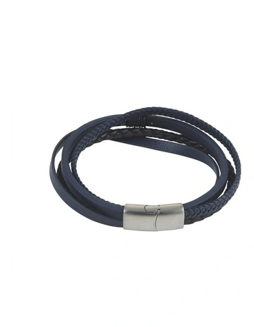 Multi Strand Leather & Stainless Steel Bracelet in Dark Brown/Blue