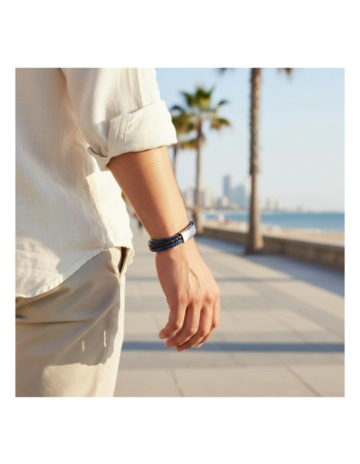 Multi Strand Leather & Stainless Steel Bracelet in Dark Brown/Blue image 2