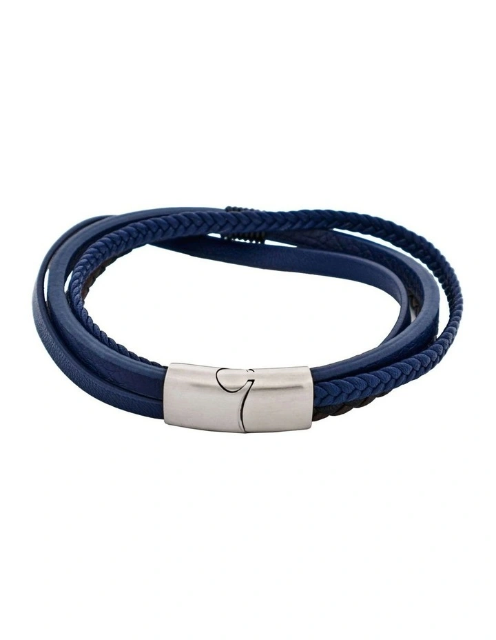 Multi Strand Leather & Stainless Steel Bracelet in Dark Brown/Blue image 3
