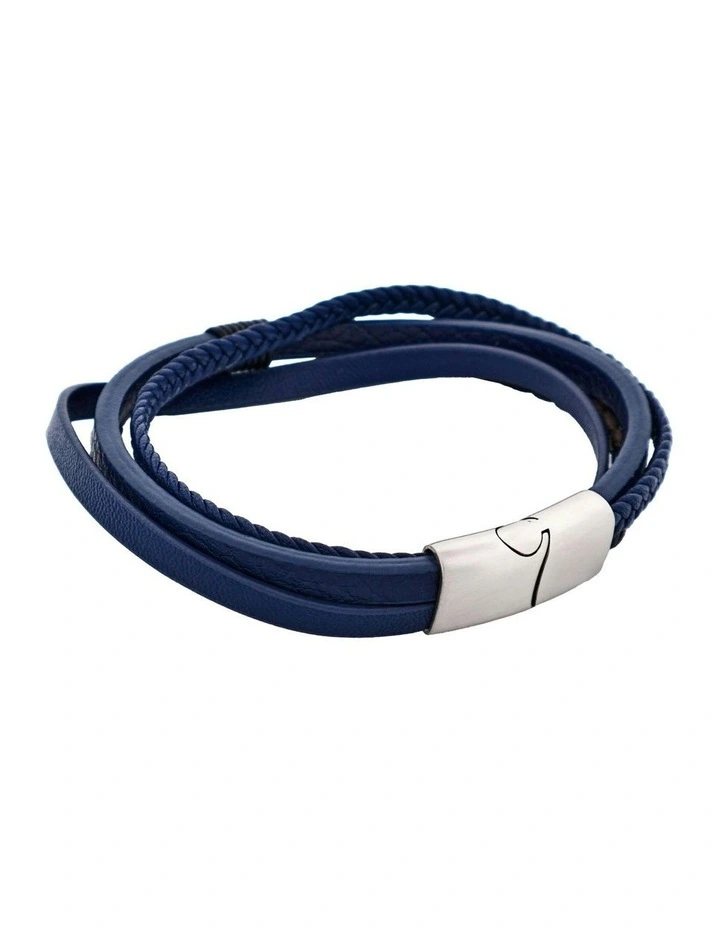Multi Strand Leather & Stainless Steel Bracelet in Dark Brown/Blue image 4