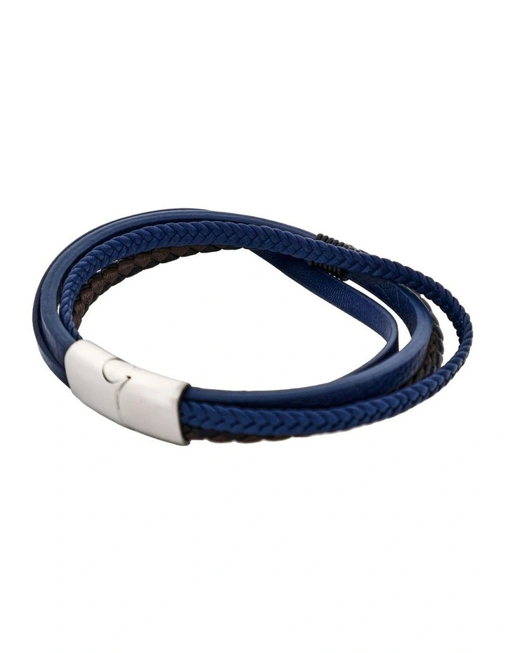 Multi Strand Leather & Stainless Steel Bracelet in Dark Brown/Blue image 5