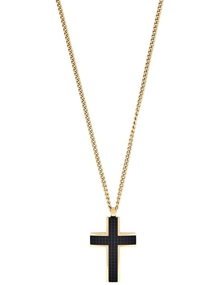 Ion Plated 14k Gold & Chequered Inlay Cross Curbed Link Chain in Black image 1