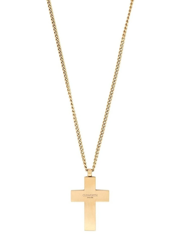 Ion Plated 14k Gold & Chequered Inlay Cross Curbed Link Chain in Black image 2