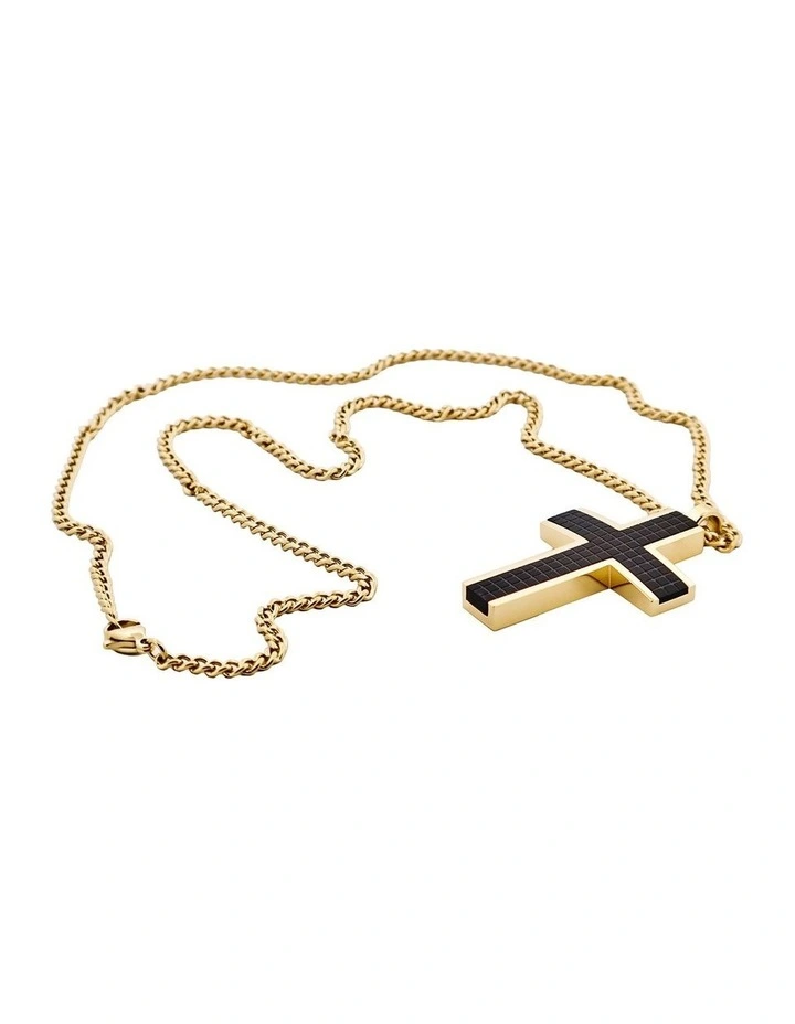 Ion Plated 14k Gold & Chequered Inlay Cross Curbed Link Chain in Black image 3