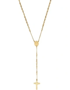 Ion Plated Stainless Steel Rosery Bead Cross Pendant in 14k Yellow Gold