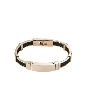 Polished Ion Plated Stainless Steel Bracelet with Double Strand Braided Black Leather in Rose Gold