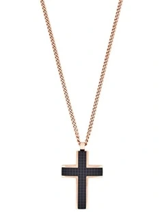 Ion Plated Rose Gold & Chequered Inlay Cross OnIon Plated Curbed Link Chain in Black