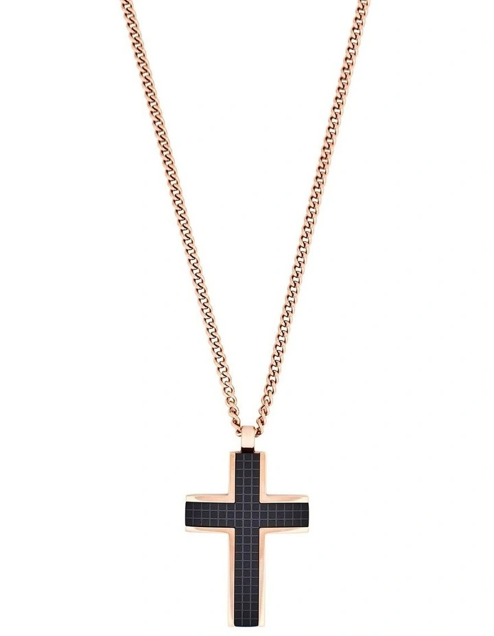 Ion Plated Rose Gold & Chequered Inlay Cross OnIon Plated Curbed Link Chain in Black image 1