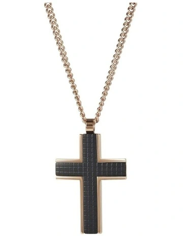 Ion Plated Rose Gold & Chequered Inlay Cross OnIon Plated Curbed Link Chain in Black