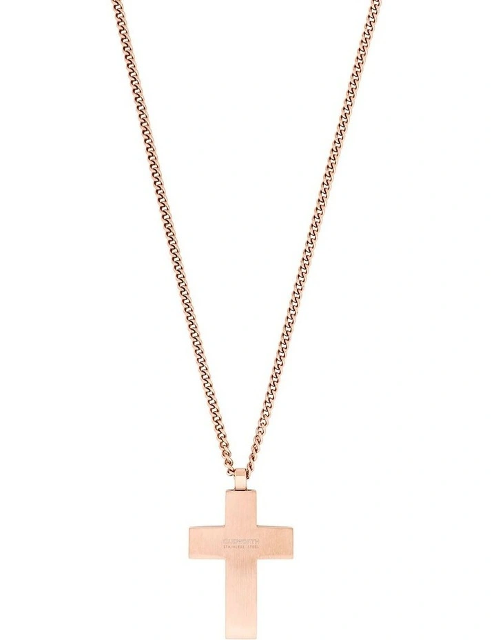 Ion Plated Rose Gold & Chequered Inlay Cross OnIon Plated Curbed Link Chain in Black image 2