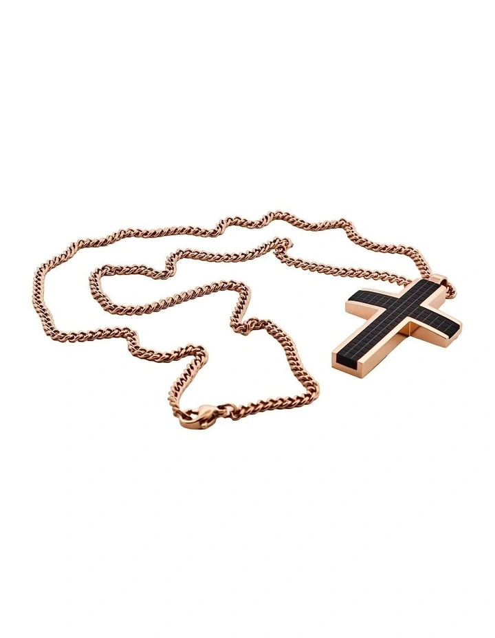 Ion Plated Rose Gold & Chequered Inlay Cross OnIon Plated Curbed Link Chain in Black image 3