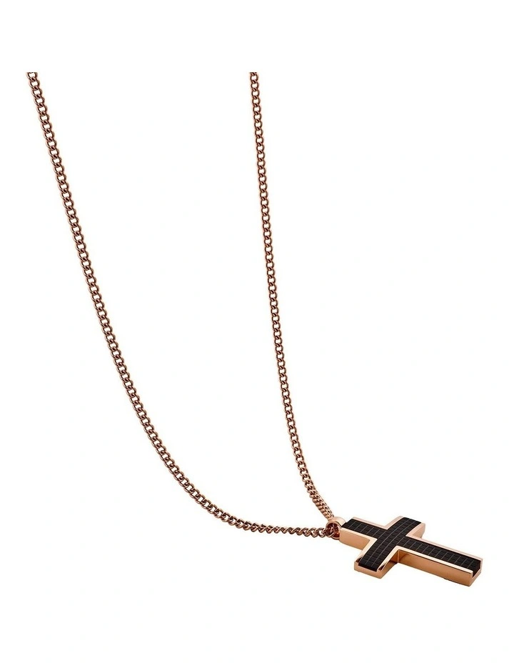 Ion Plated Rose Gold & Chequered Inlay Cross OnIon Plated Curbed Link Chain in Black image 4