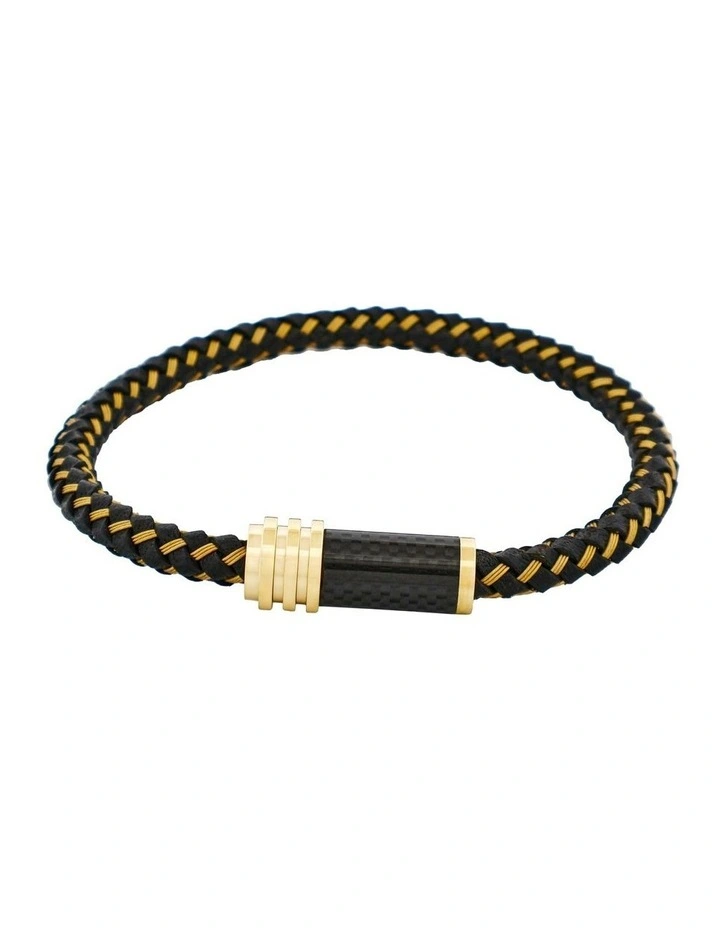 Stainless SteelIon Plated Leather Cable Carbon Fibre Bracelet in Gold/Black image 1