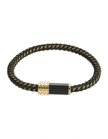 Stainless SteelIon Plated Leather Cable Carbon Fibre Bracelet in Gold/Black