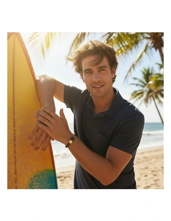 Stainless SteelIon Plated Leather Cable Carbon Fibre Bracelet in Gold/Black image 2