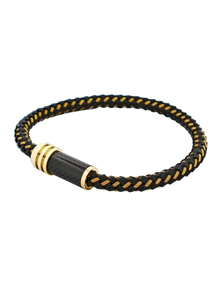 Stainless SteelIon Plated Leather Cable Carbon Fibre Bracelet in Gold/Black image 5