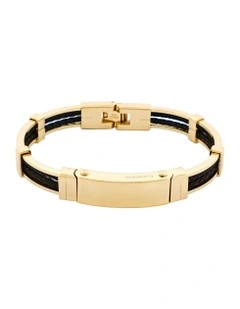 Ion Plated Polished 14k Gold & Stainless Steel Leather Bracelet in Black/Gold