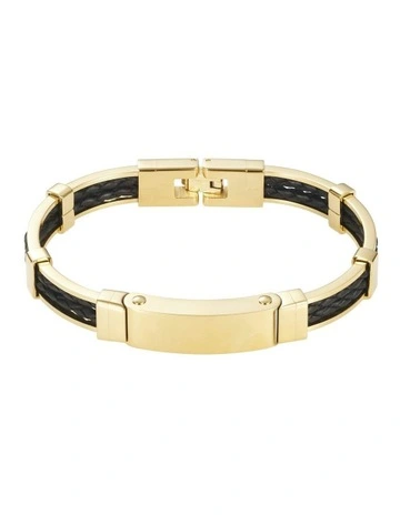 Ion Plated Polished 14k Gold & Stainless Steel Leather Bracelet in Black/Gold