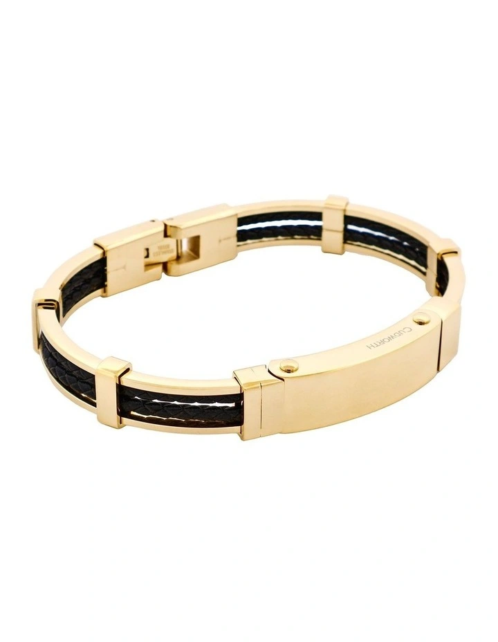 Ion Plated Polished 14k Gold & Stainless Steel Leather Bracelet in Black/Gold image 2