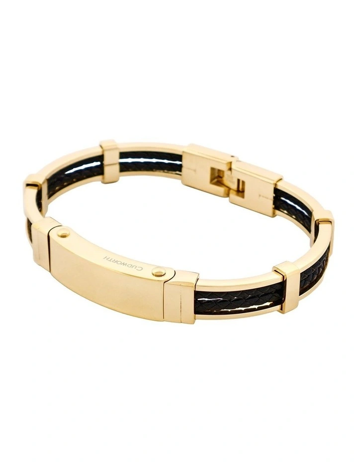 Ion Plated Polished 14k Gold & Stainless Steel Leather Bracelet in Black/Gold image 3