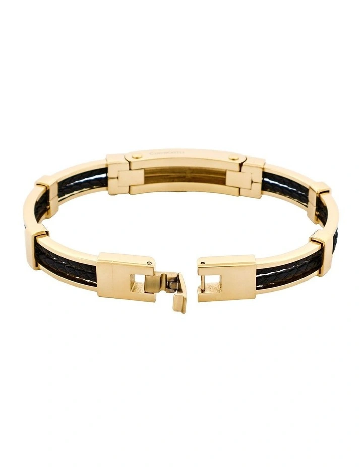 Ion Plated Polished 14k Gold & Stainless Steel Leather Bracelet in Black/Gold image 4