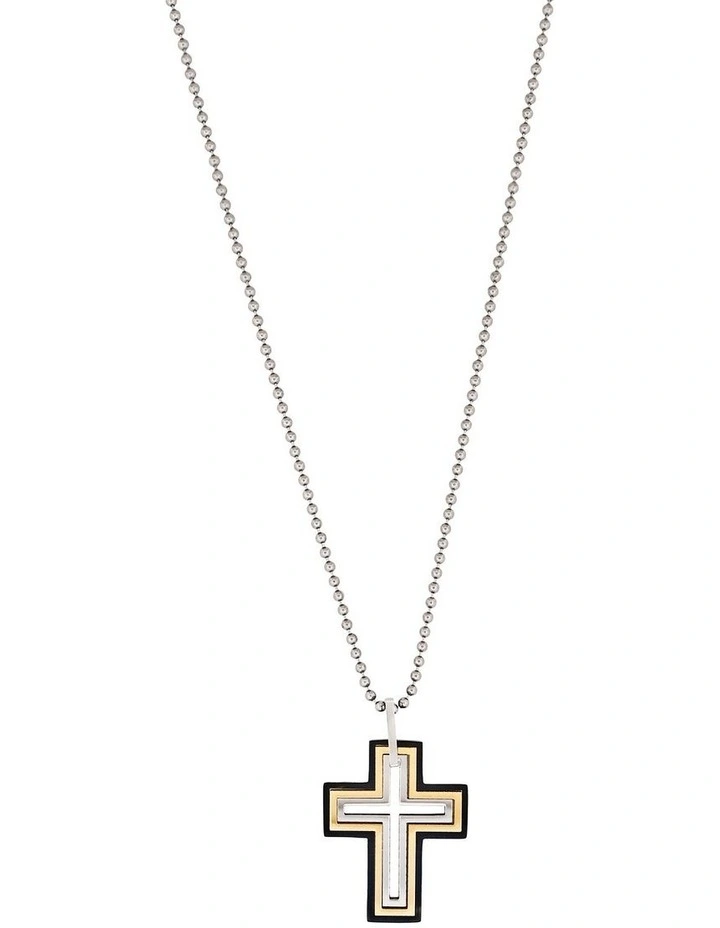 Ion Plated Stainless Steel Cut -Out Cross Pendant on Ball Chain in Gold/Black image 1
