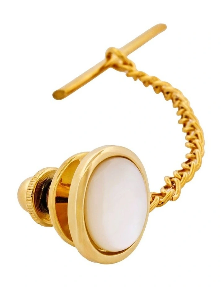Mop Oval Tie Tak & Chain in Gold Plated image 2