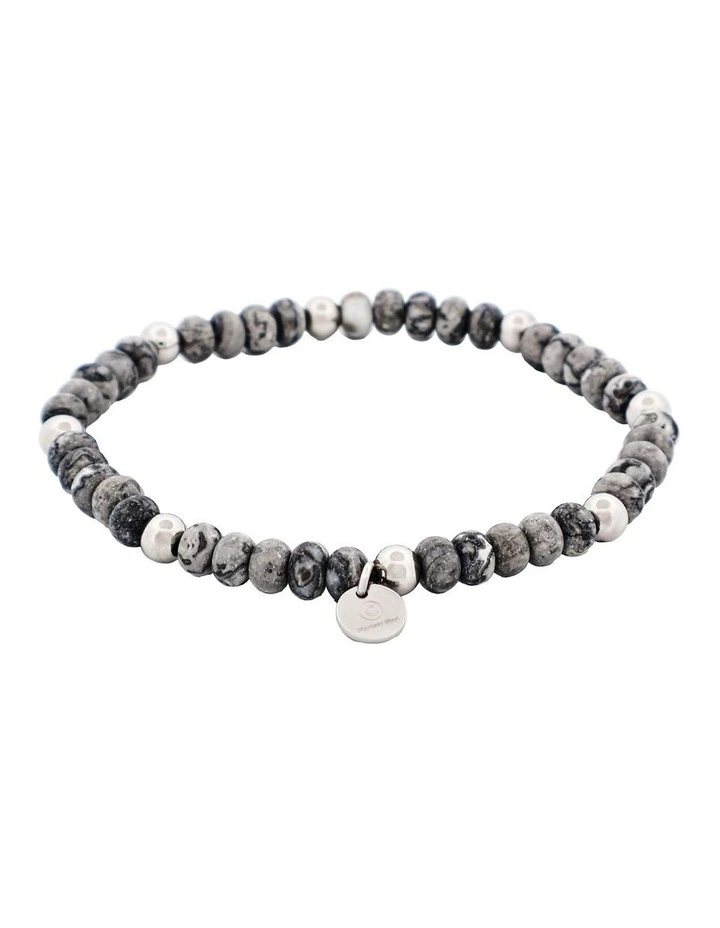 Jasper Stone Beads & Stainless Steel Bracelet 6mm in Grey image 1